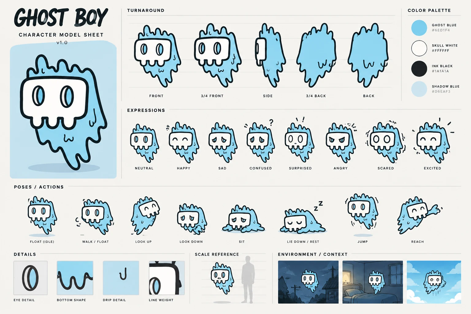 Ghost Boy character model sheet: a light-blue dripping ghost with a square skull face, shown in turnaround, eight expressions, poses, and a colour palette.