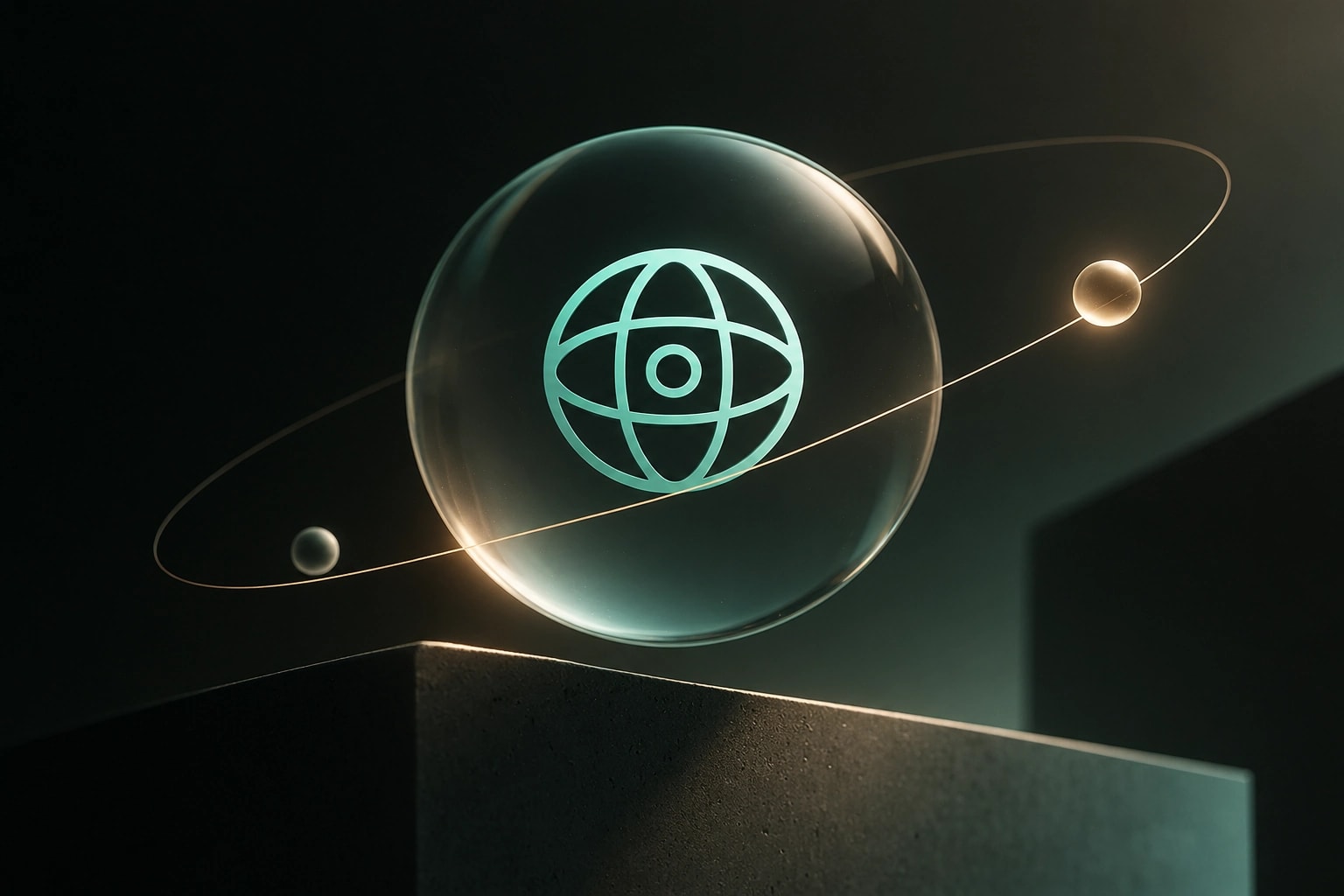 Subnet Atlas brand image: the teal globe mark inside a glass sphere, circled by a thin orbit with two small moons, above a dark stone block.